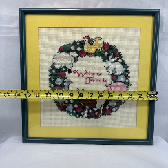 Vtg. Professionally Framed Sunset Counted Cross Stitch Barnyard Animals Wreath - Picture 4 of 6